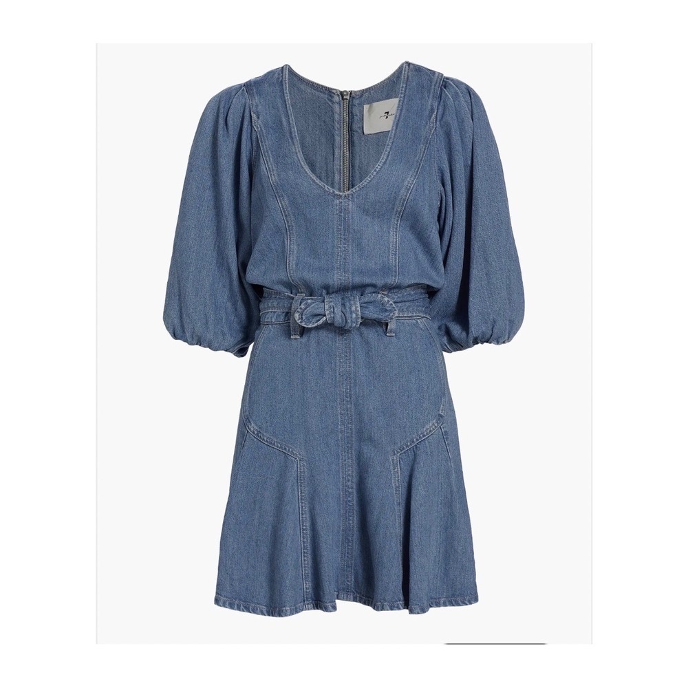 NWT 7 For All Mankind Denim Puff Sleeve Mini Dress Western Boho V-Neck Sz S